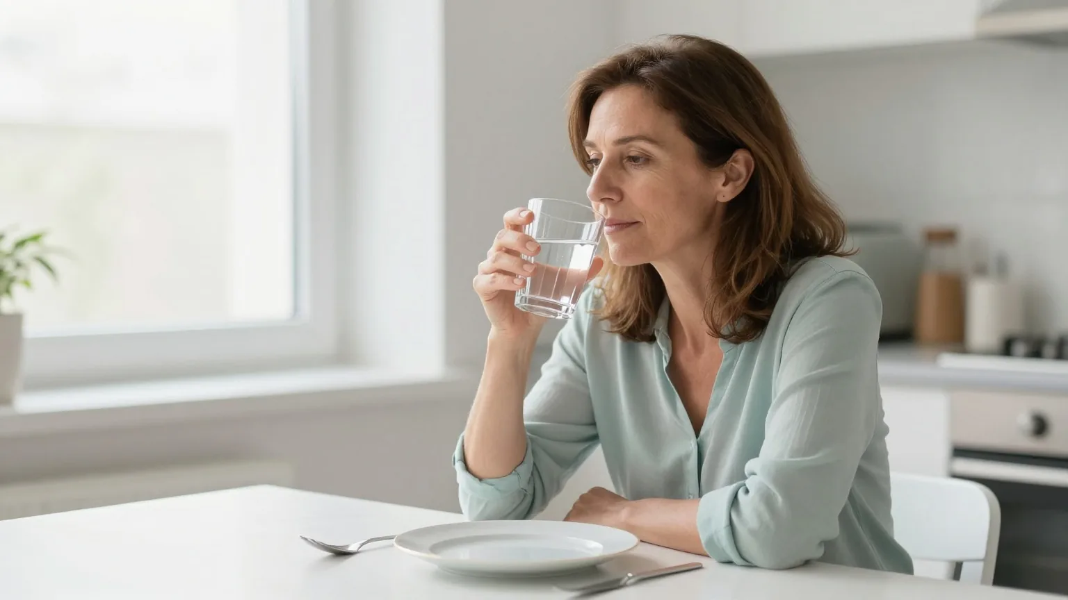Frau Mitte fünfzig sitzt morgens am hellen Küchentisch, hält ein Glas Wasser in der Hand und wartet vor dem Frühstück, daneben ein leerer Teller