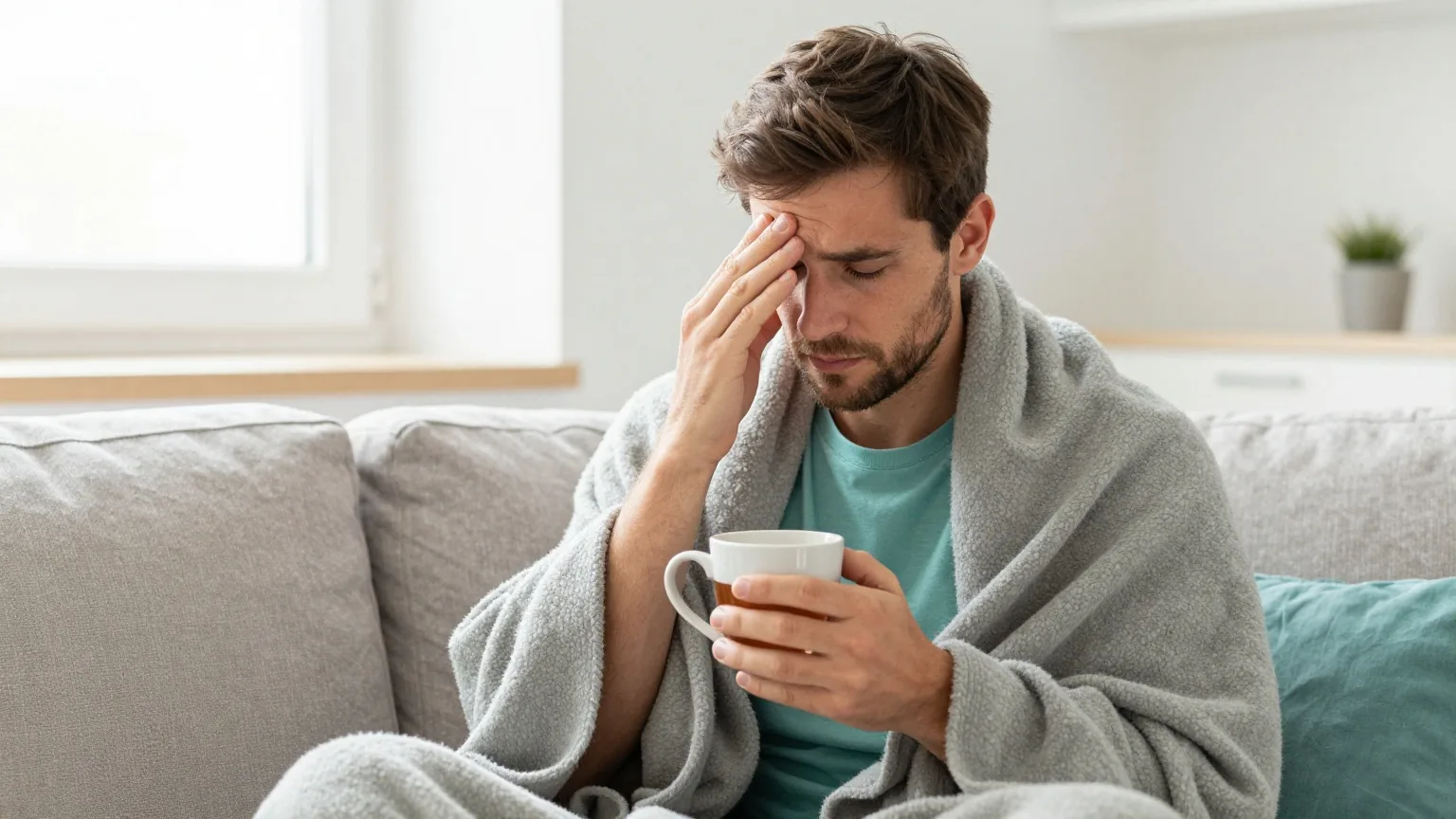 Mann in den Dreißigern sitzt mit Wolldecke und einer Tasse Tee auf dem Sofa und hält sich die Stirn