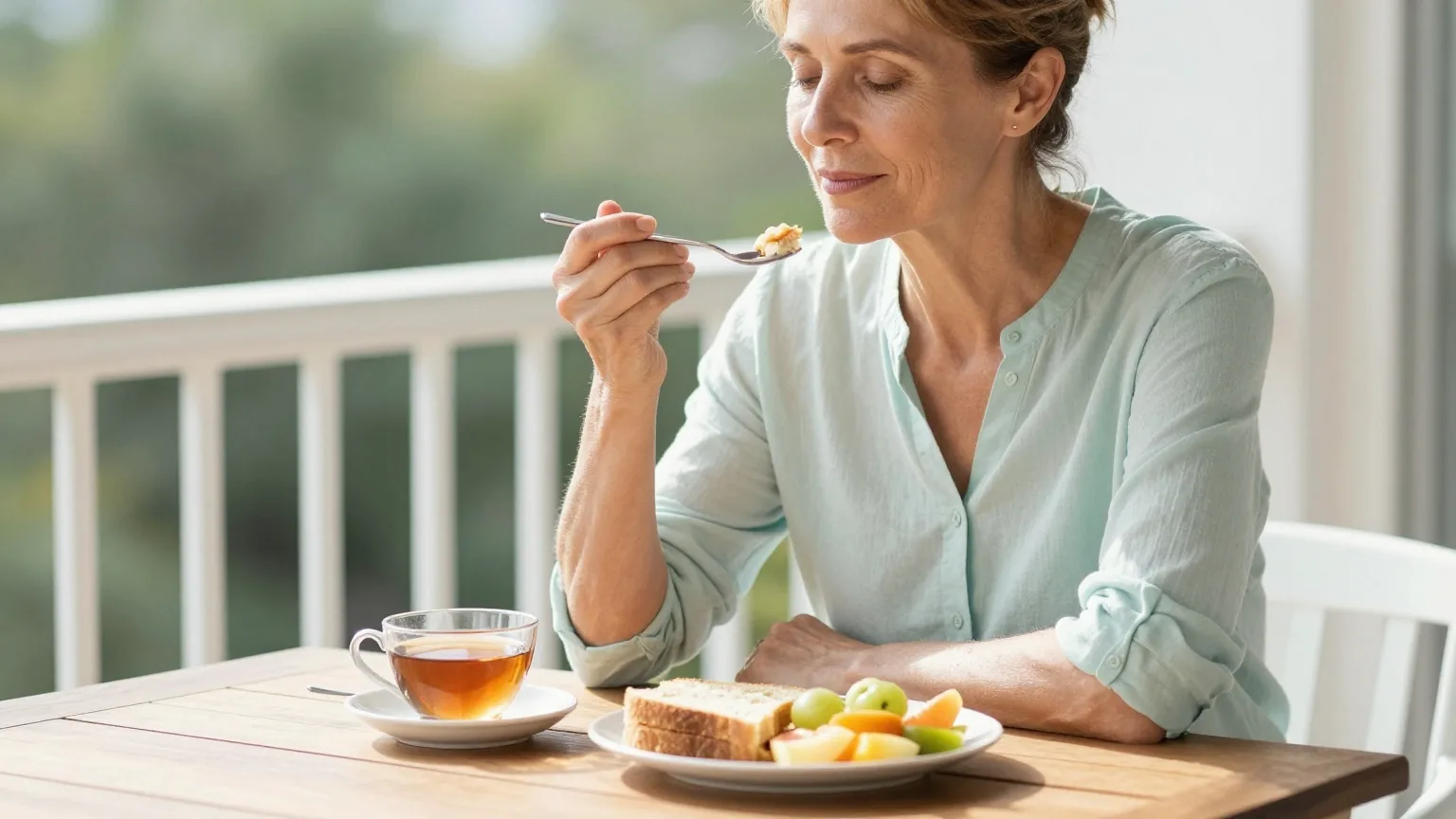 Frau in den Vierzigern frühstückt morgens auf einem sonnigen Balkon, vor ihr eine Tasse Tee und ein Teller mit Brot und Obst