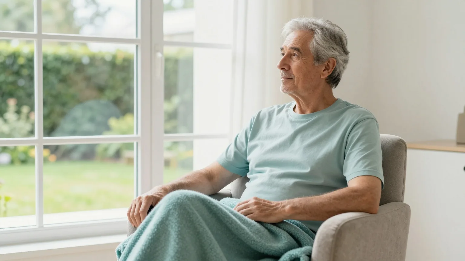 Mann in den Sechzigern sitzt mit einer Wolldecke auf einem Sessel am Fenster eines hellen Wohnzimmers und schaut in den Garten