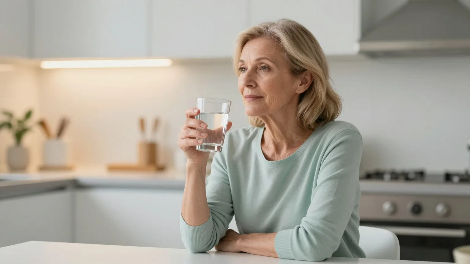 Frau in den Sechzigern sitzt am Abend nach dem Essen in einer gemütlich beleuchteten Küche und hält ein Glas Wasser in der Hand