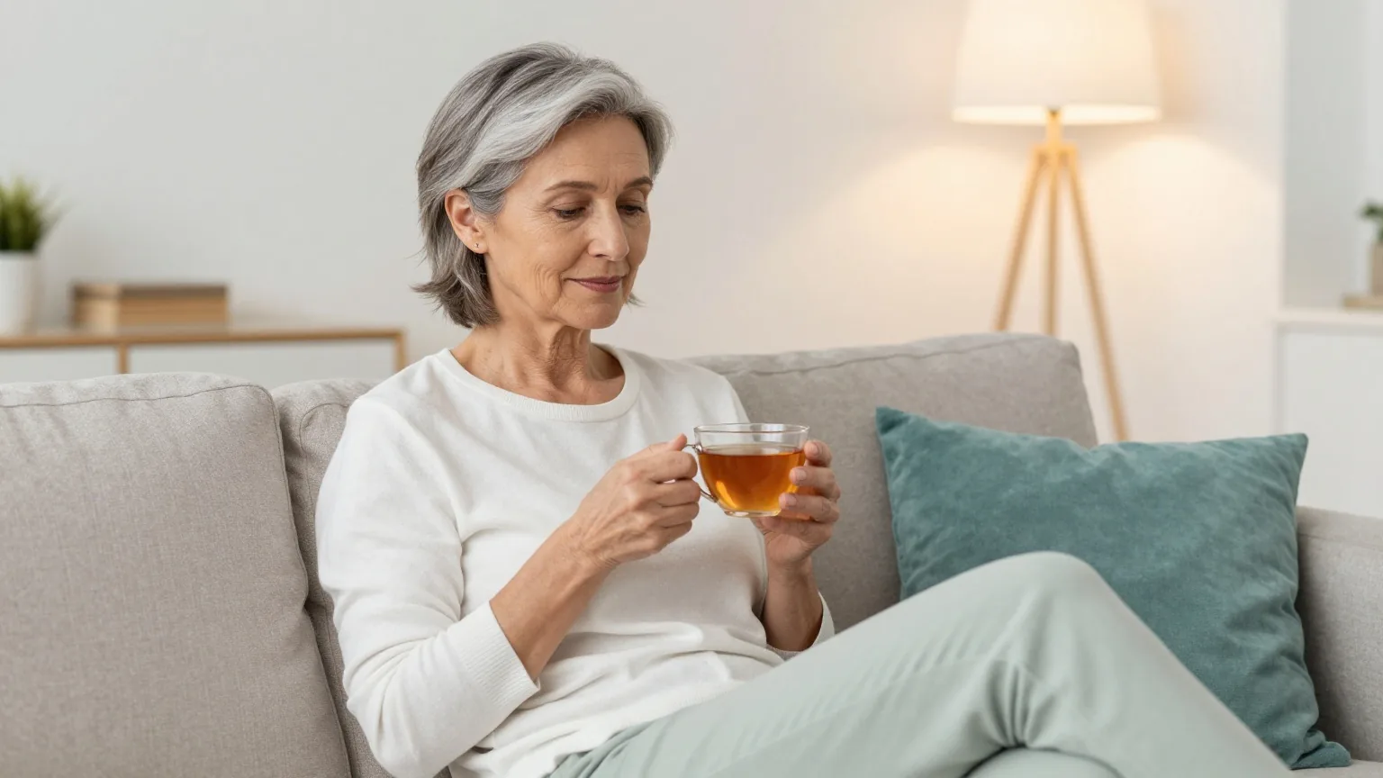 Frau Mitte fünfzig mit kurzen grauen Haaren sitzt abends entspannt mit einer Tasse Tee auf einem Sofa in einem warm beleuchteten Wohnzimmer