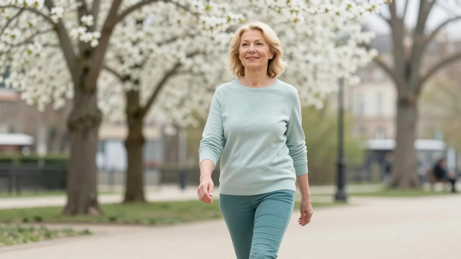 Frau Ende fünfzig mit kurzem blondem Haar geht im Frühling zügig und lächelnd durch einen Stadtpark