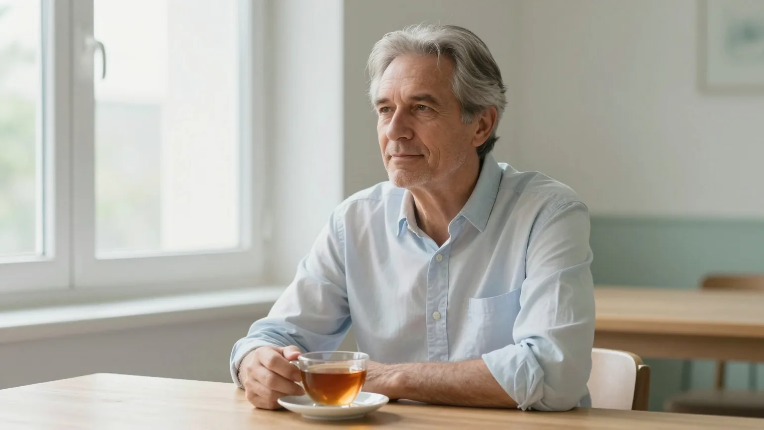 Mann in den Fünfzigern sitzt ruhig an einem Holztisch in einem hellen, aufgeräumten Raum, vor ihm eine Tasse Tee