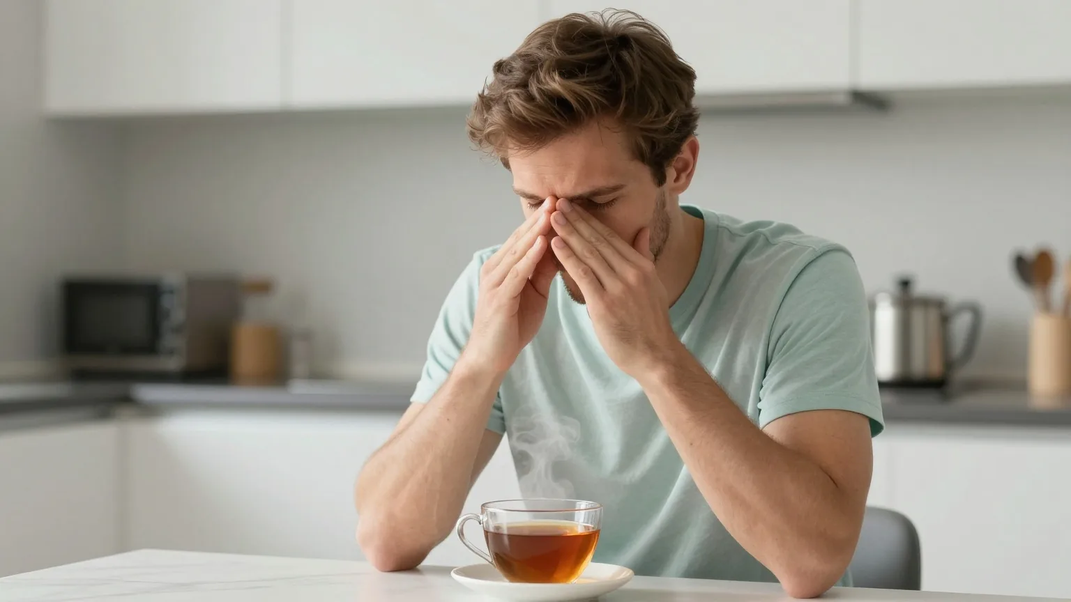 Mann Mitte dreißig sitzt abends am Küchentisch mit einer Tasse Tee und drückt die Fingerspitzen leicht an seine Nasenwurzel