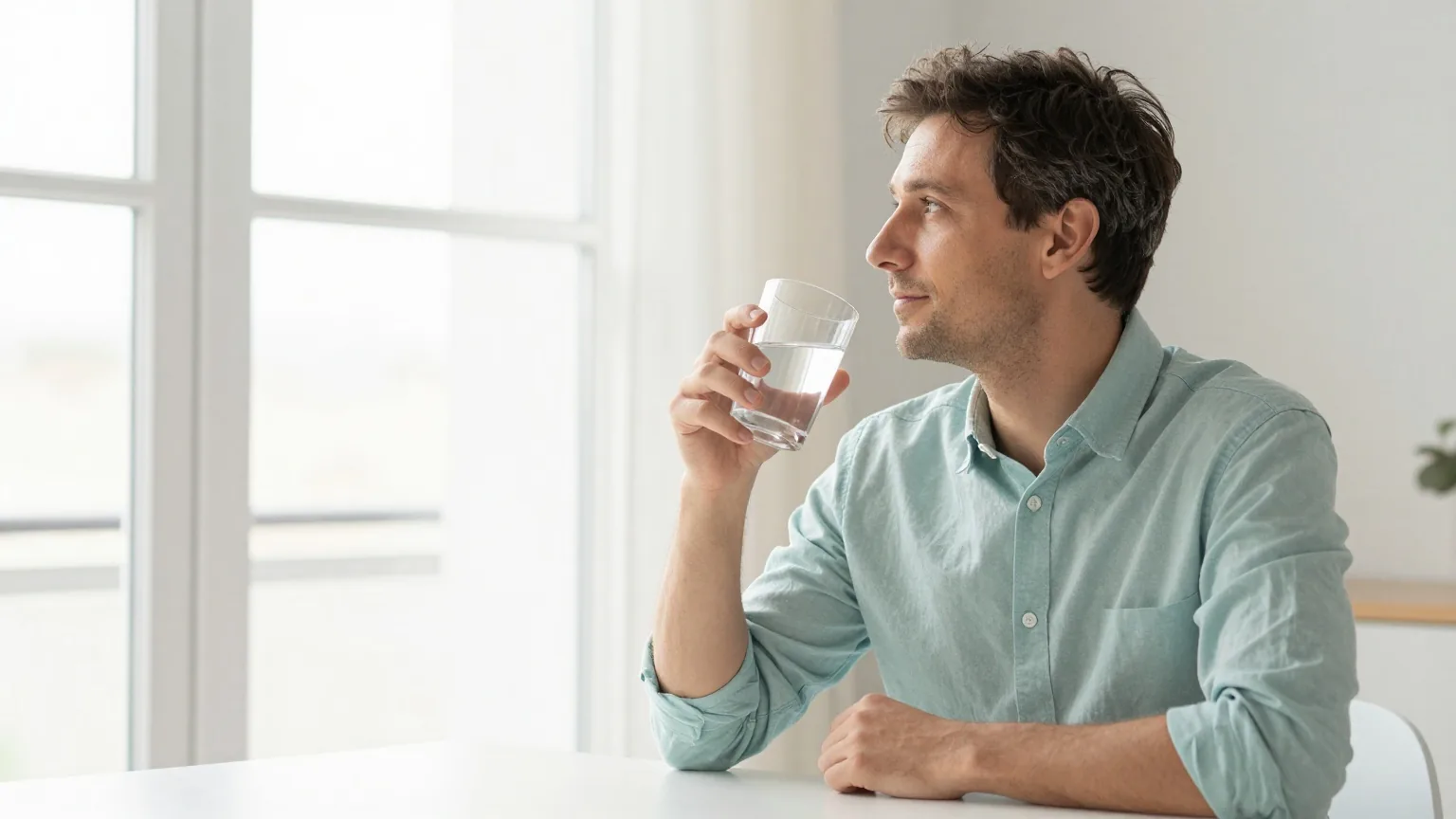 Mann Anfang vierzig sitzt mit einem Glas Wasser an einem hellen Esstisch und blickt entspannt aus dem Fenster