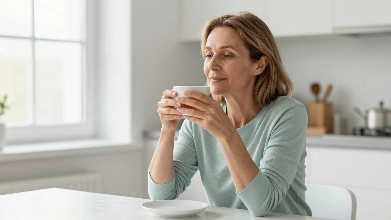 Frau in den Fünfzigern sitzt am Morgen entspannt an einem hellen Küchentisch und hält eine Tasse Tee in beiden Händen
