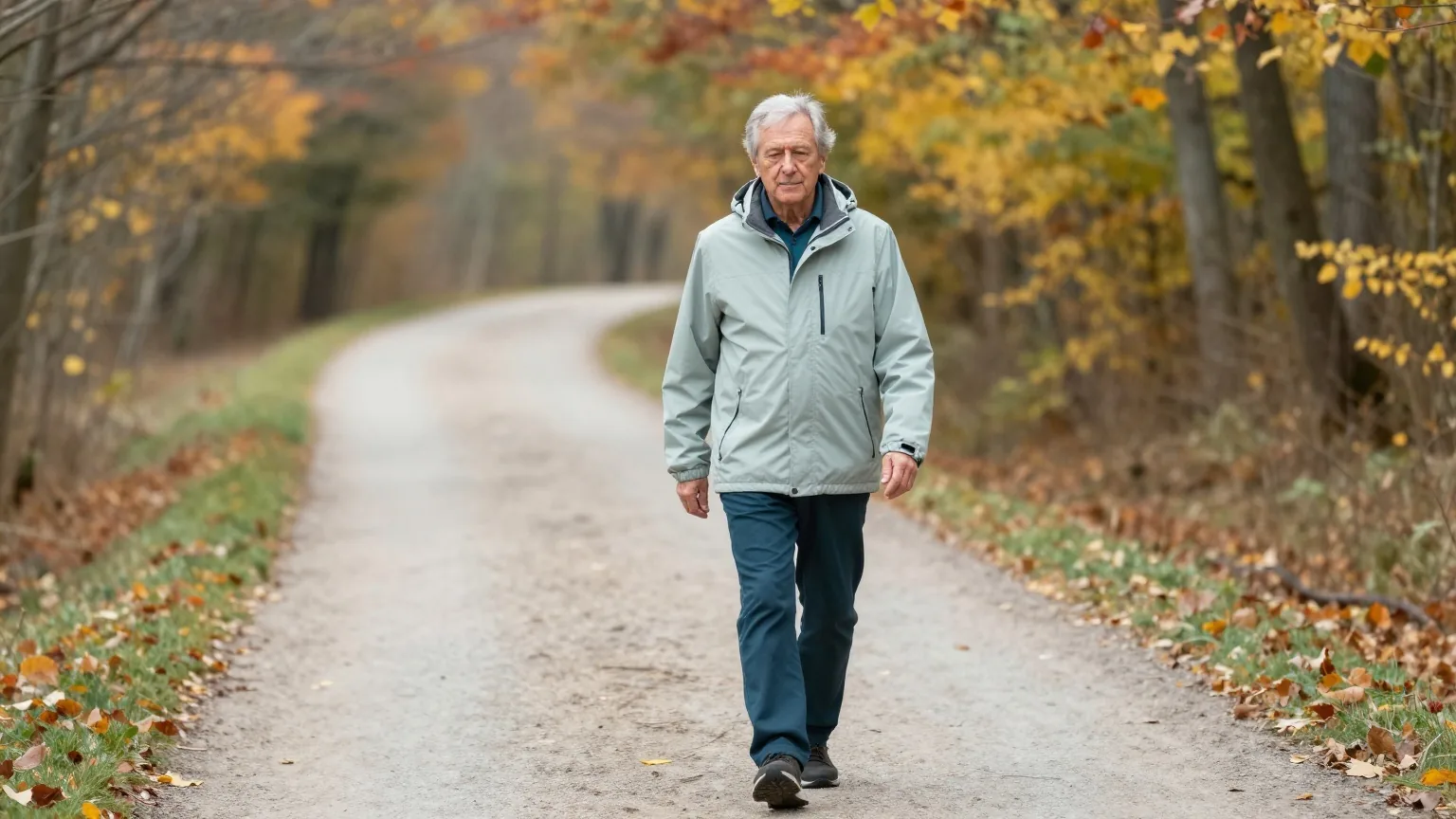 Mann Ende sechzig geht an einem klaren Herbstmorgen langsam einen leicht ansteigenden Waldweg entlang