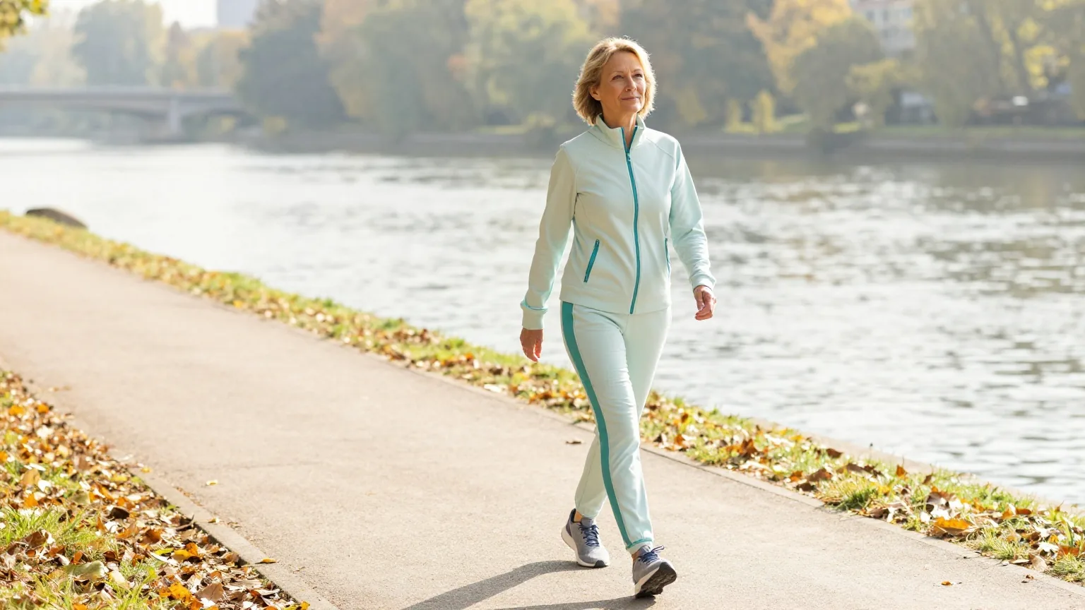 Frau Anfang sechzig geht in bequemer Sportkleidung zügig einen sonnigen Weg am Fluss entlang, auf dem Boden liegt Herbstlaub
