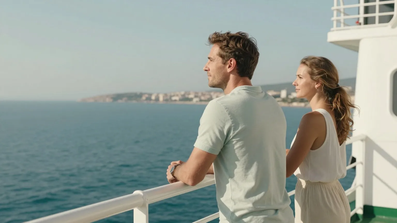 Paar in den Dreißigern steht an einem sonnigen Tag an der Reling einer Fähre und blickt auf Meer und Küste
