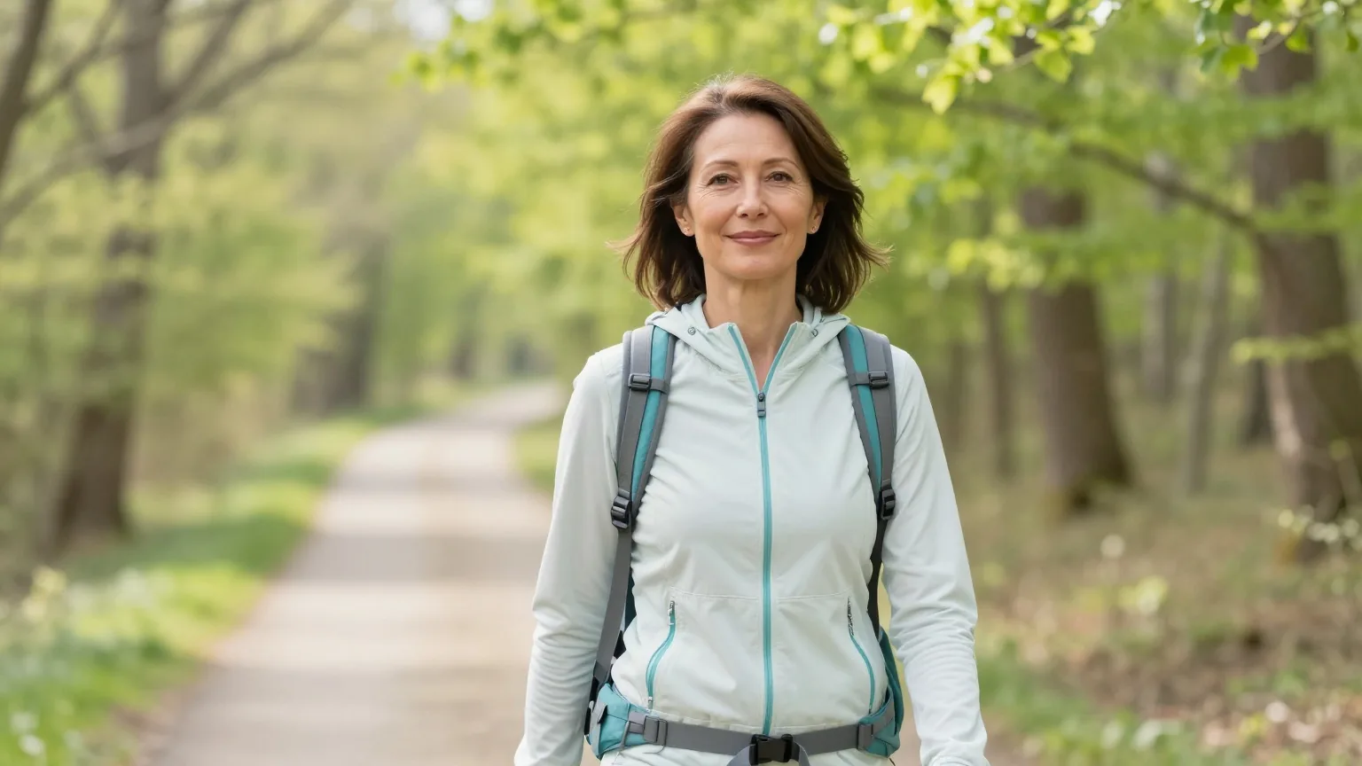 Frau in den Vierzigern wandert an einem klaren Frühlingsmorgen auf einem flachen Waldweg und atmet tief durch