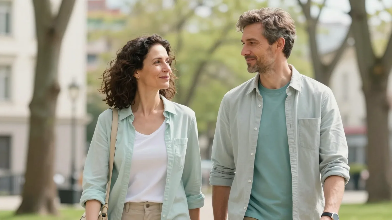 Frau und Mann Ende fünfzig gehen an einem sonnigen Frühlingstag gemeinsam durch einen Stadtpark