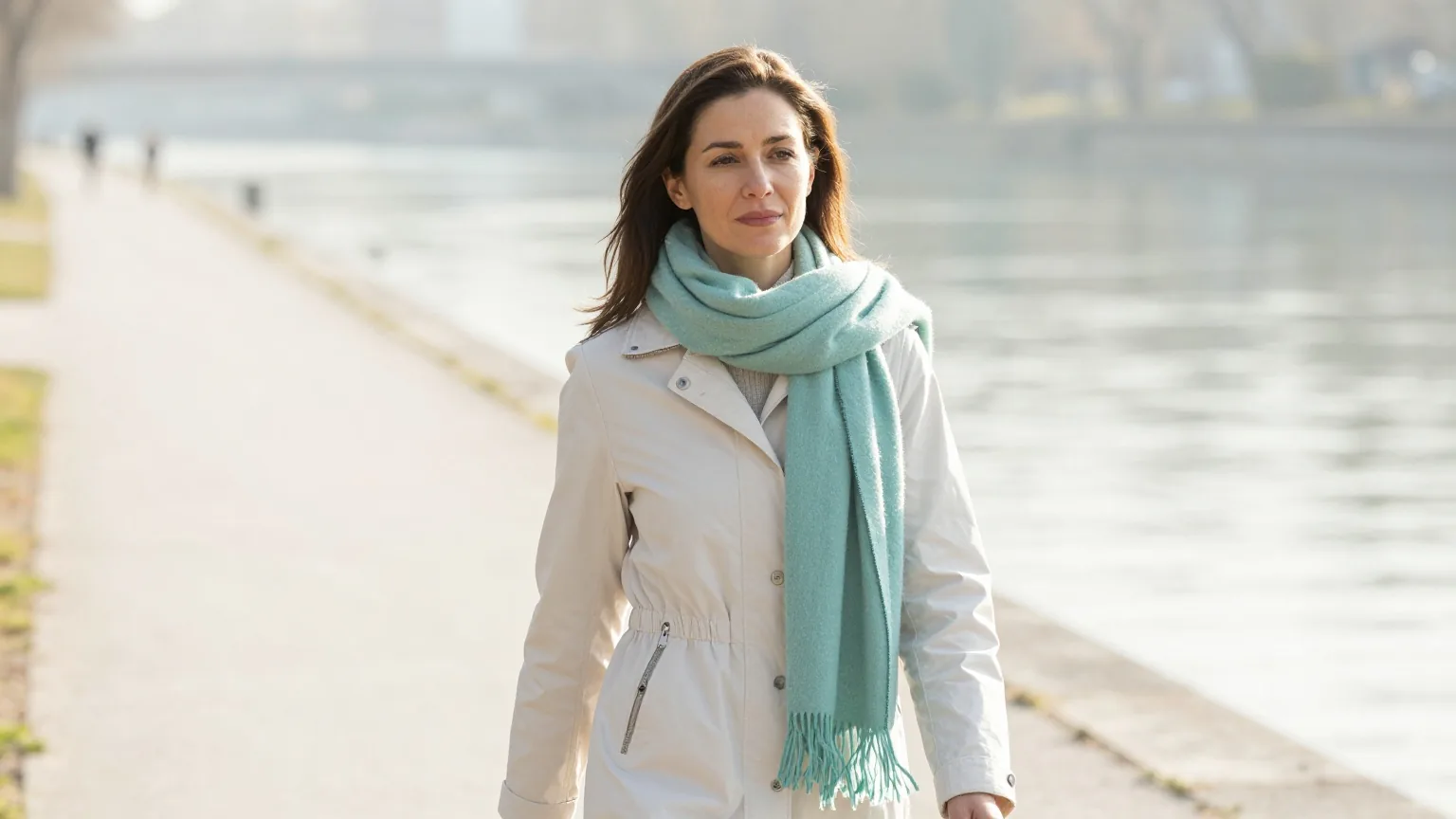 Frau in den Dreißigern geht an einem hellen Morgen mit Jacke und Schal einen Uferweg entlang