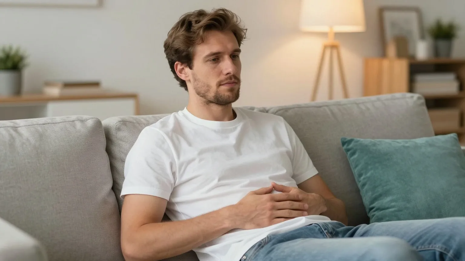 Mann in den Dreißigern sitzt nach dem Abendessen entspannt auf dem Sofa, eine Hand liegt auf dem Bauch