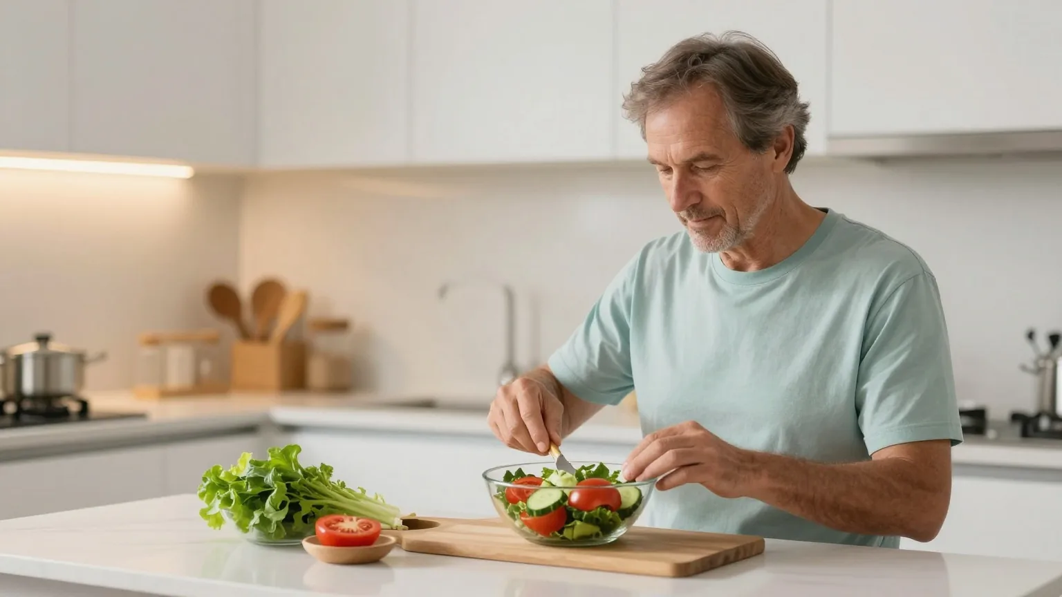 Mann Ende fünfzig bereitet am Abend in einer hell beleuchteten Küche einen frischen Salat mit Tomaten und Gurken zu