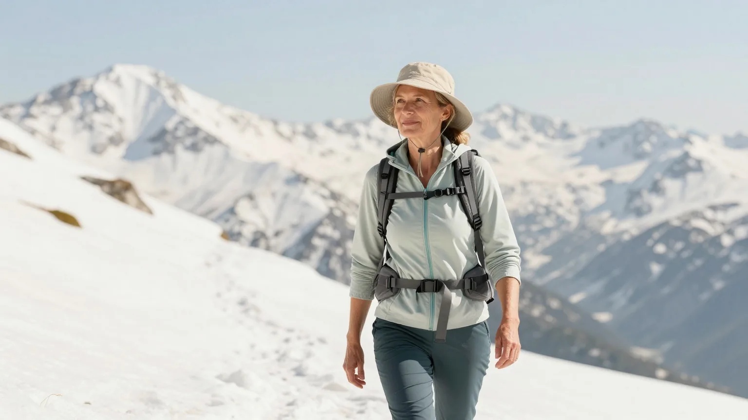 Frau Ende fünfzig wandert mit kleinem Rucksack auf einem sonnigen Bergpfad