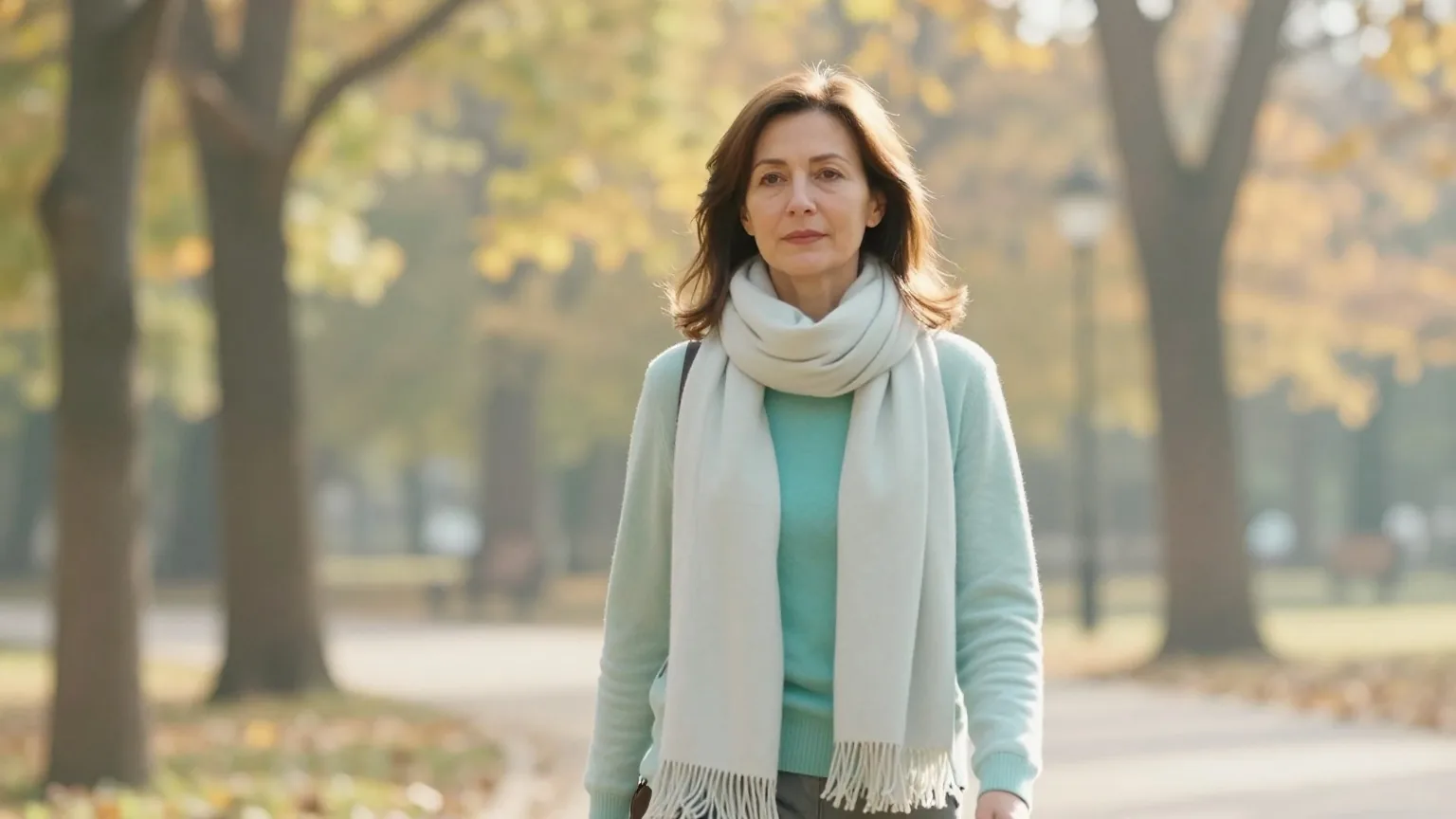 Frau in den Fünfzigern mit schulterlangem Haar geht an einem sonnigen Morgen mit einem Schal durch einen Park mit Herbstbäumen