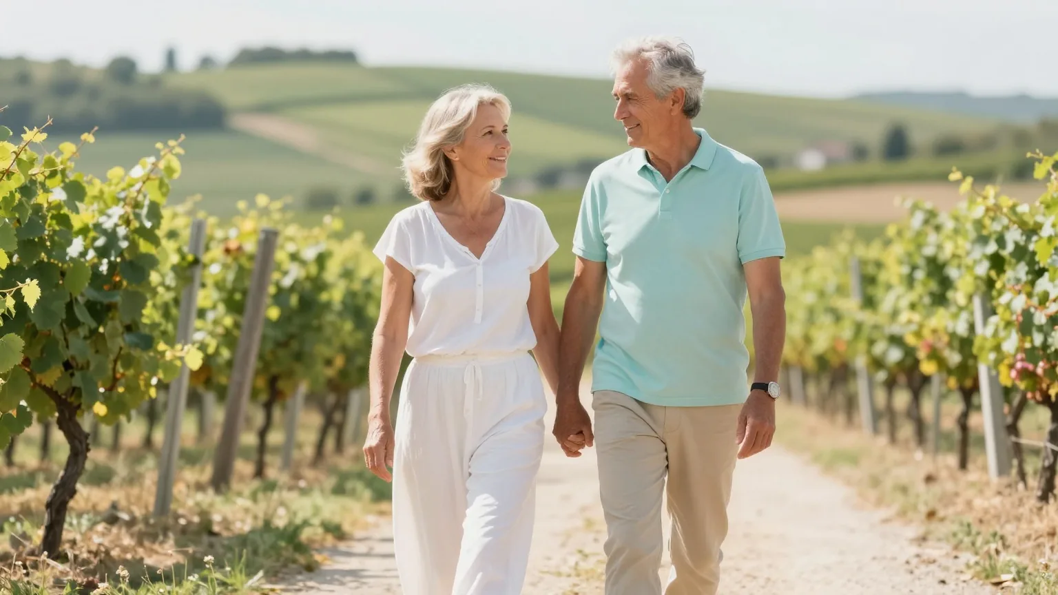 Paar Mitte sechzig geht Hand in Hand auf einem sonnigen Weg durch einen Weinberg im Spätsommer