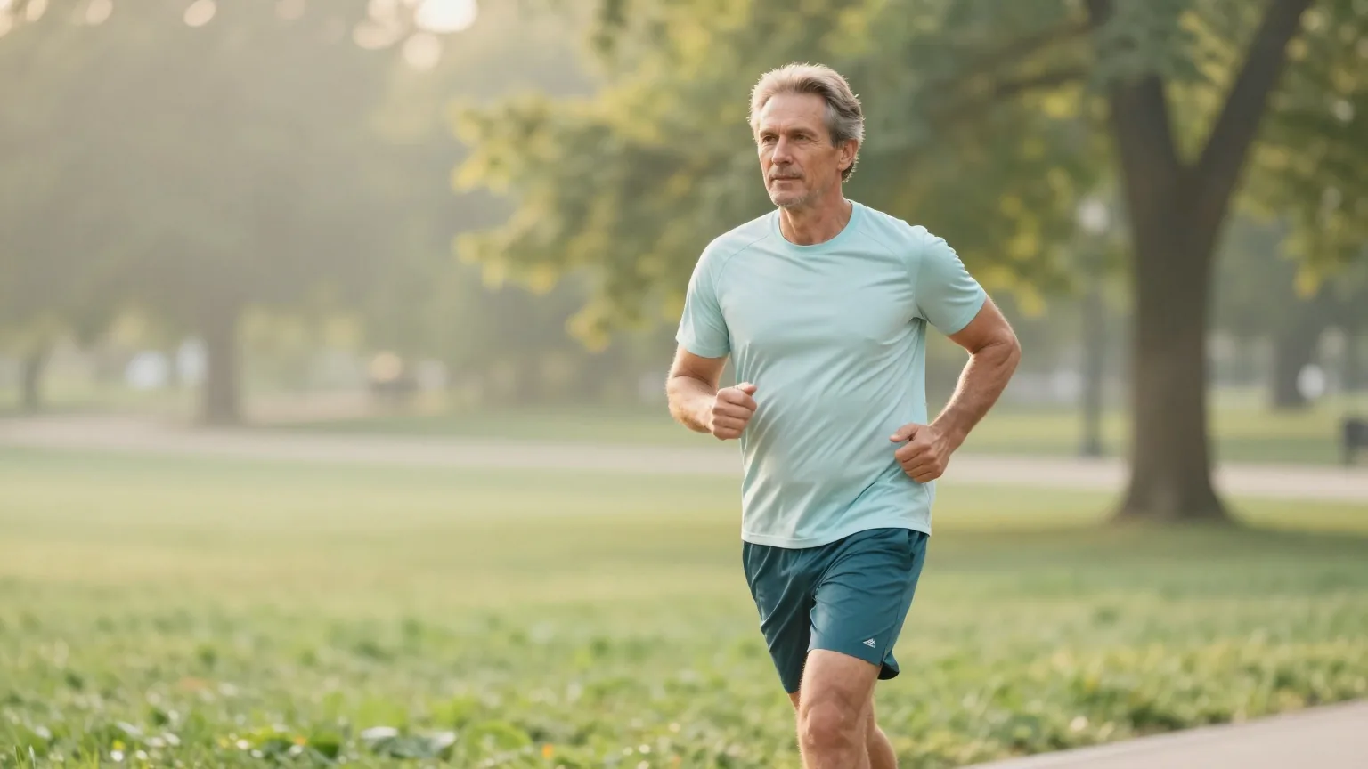 Mann in den Fünfzigern joggt am Morgen in Sportkleidung durch einen Park