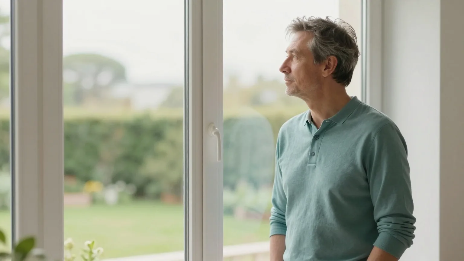 Mann in den Vierzigern steht nachdenklich an einem großen Fenster und schaut in einen grünen Garten