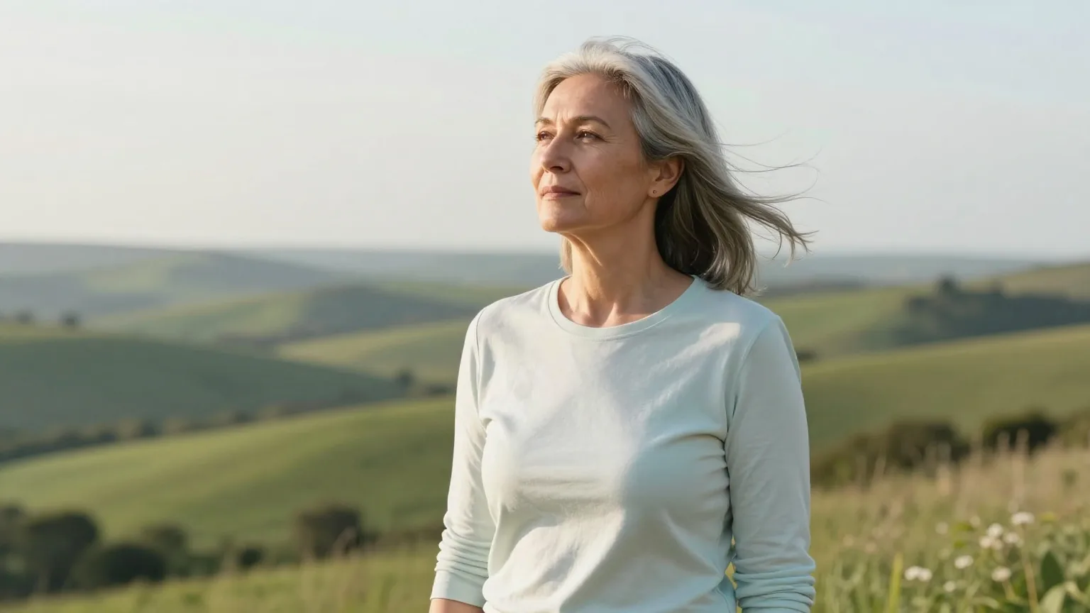 Frau um die sechzig steht nach einem Spaziergang auf einem Aussichtspunkt in hügeliger Landschaft und atmet ruhig durch
