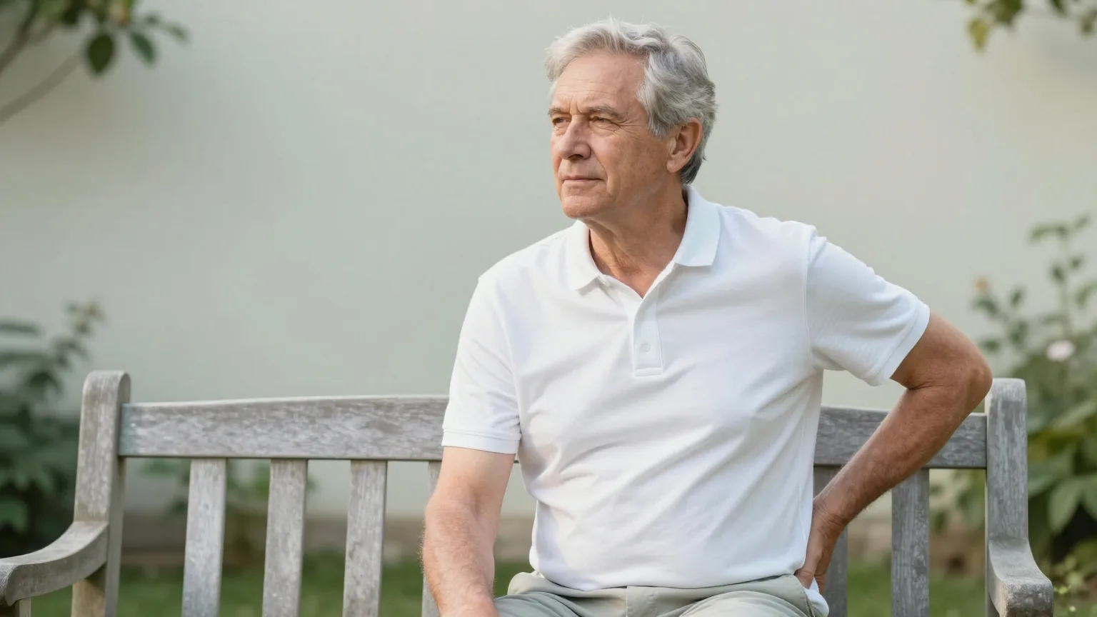 Mann in den Sechzigern sitzt auf einer Gartenbank, legt eine Hand an den unteren Rücken und blickt ruhig in den Garten