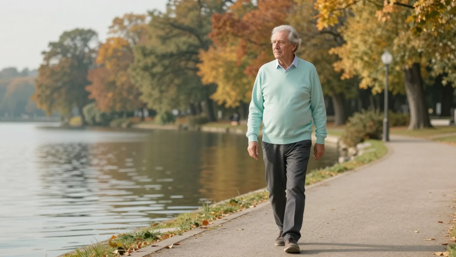 Mann Ende sechzig geht im Herbst ruhig auf einem Uferweg an einem See spazieren