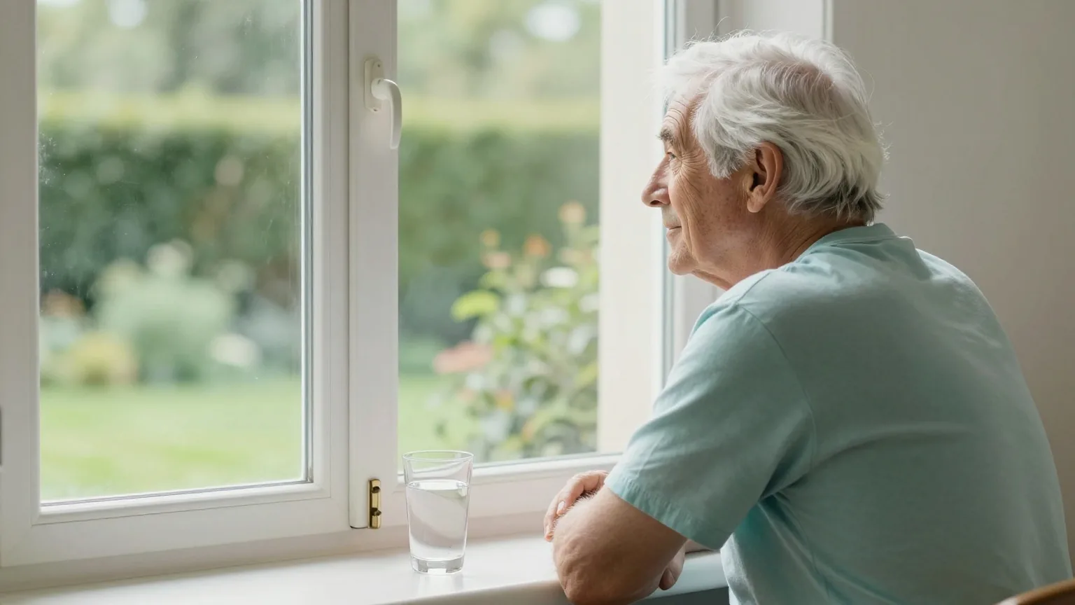 Mann um die siebzig sitzt am Fenster und schaut in den Garten, neben ihm ein Glas Wasser