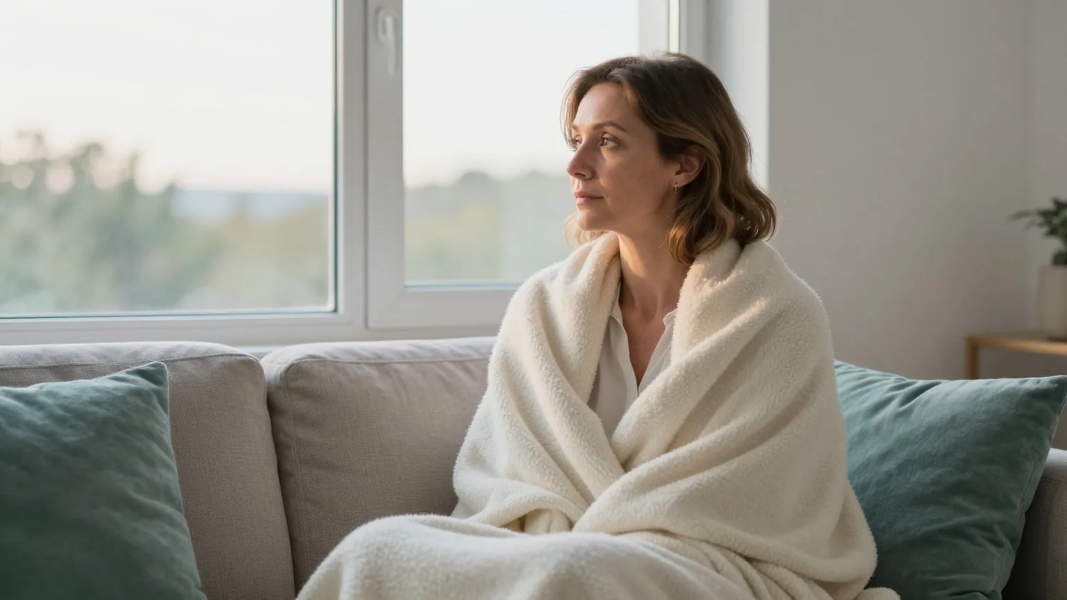 Frau in den Fünfzigern sitzt am frühen Abend in eine weiche Wolldecke gehüllt auf dem Sofa am großen Fenster und blickt ruhig nach draußen