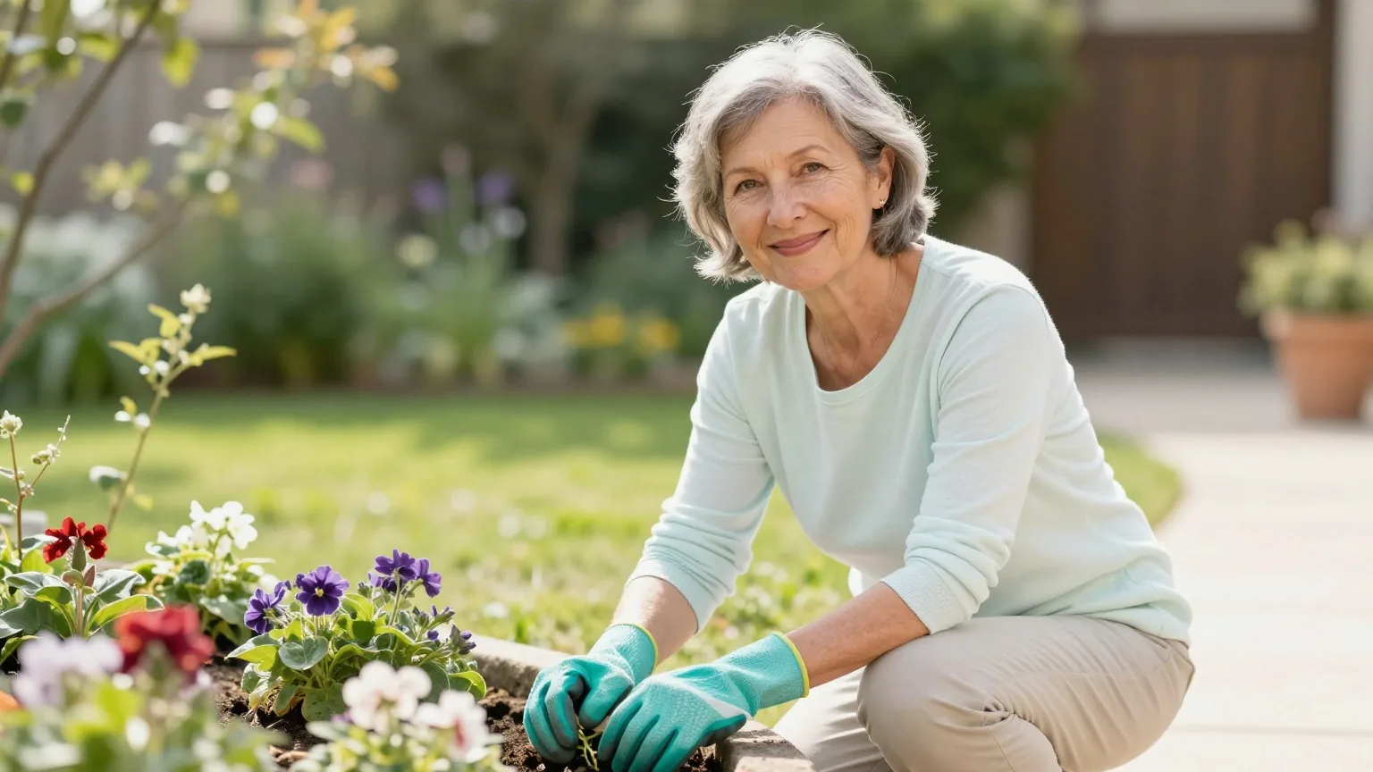 Frau in den Sechzigern mit kurzem grauem Haar kniet in einem sonnigen Garten an einem Blumenbeet