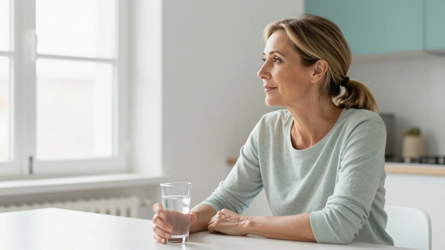 Frau in den Vierzigern sitzt morgens am Küchentisch und schaut entspannt aus dem Fenster, vor ihr ein Glas Wasser