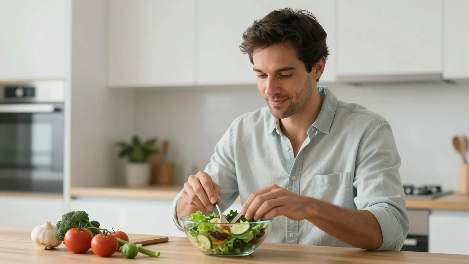 Mann in den Dreißigern bereitet in einer hellen Küche entspannt einen frischen Gemüsesalat zu