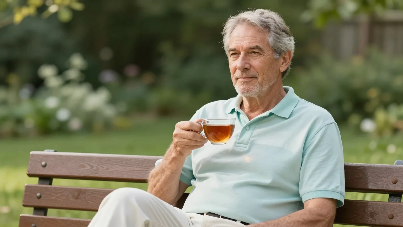 Mann Ende fünfzig sitzt morgens entspannt mit einer Tasse Tee auf einer Gartenbank in der Sonne