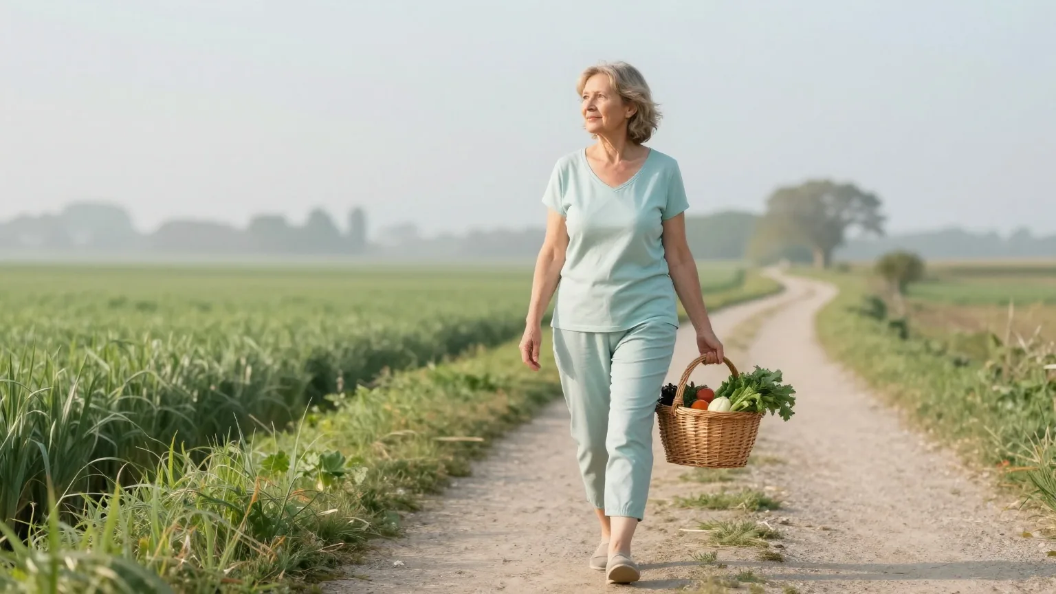 Frau Mitte sechzig geht an einem sonnigen Vormittag mit einem Weidenkorb voller Gemüse gemächlich über einen Feldweg