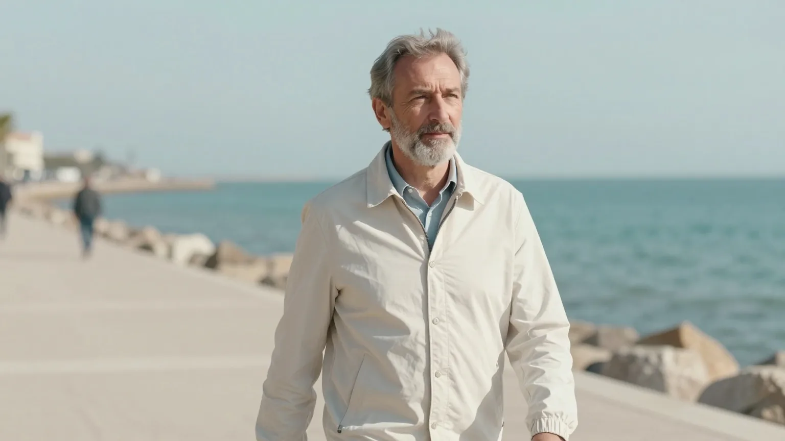 Mann Ende sechzig mit grauem Bart geht an einem windigen Frühlingstag gemächlich über eine Strandpromenade