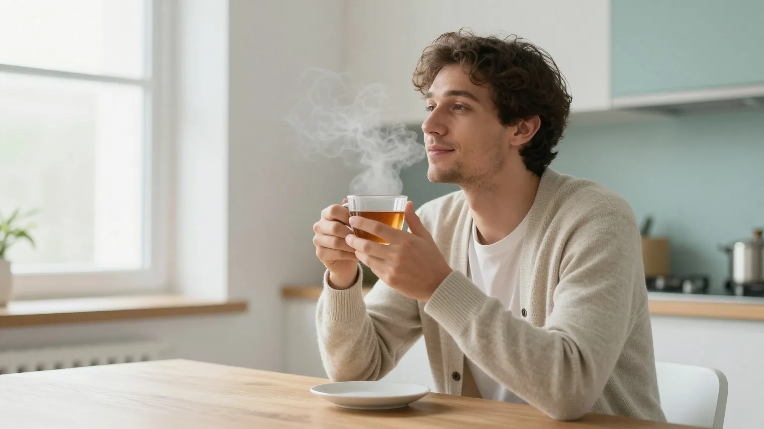 Mann in den Dreißigern sitzt morgens in einer warmen Strickjacke am Holztisch in der Küche, hält eine Tasse Tee und atmet frei durch