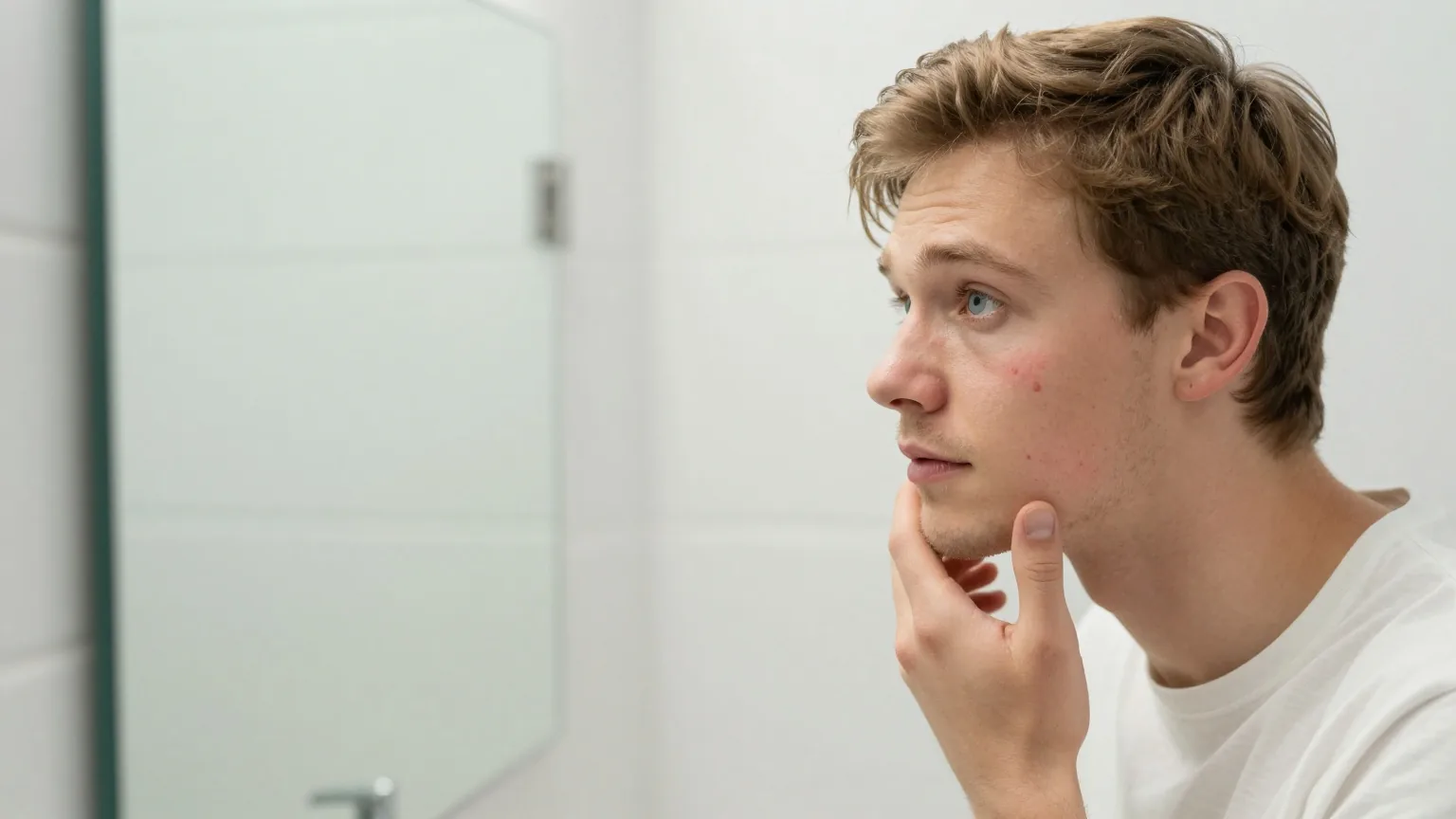 Junger Mann mit hellbraunem Haar betrachtet am Morgen in einem hellen Badezimmer einige kleine Pickel auf seiner Wange