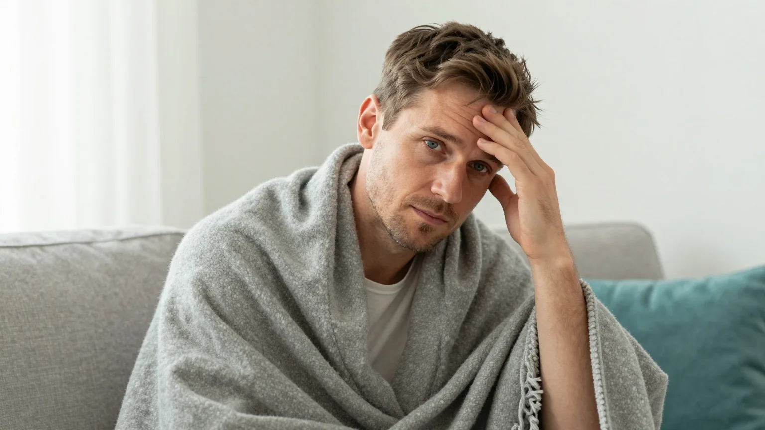Mann in den Vierzigern mit braunem Haar sitzt in eine Wolldecke gehüllt auf dem Sofa und legt die Hand an die Stirn