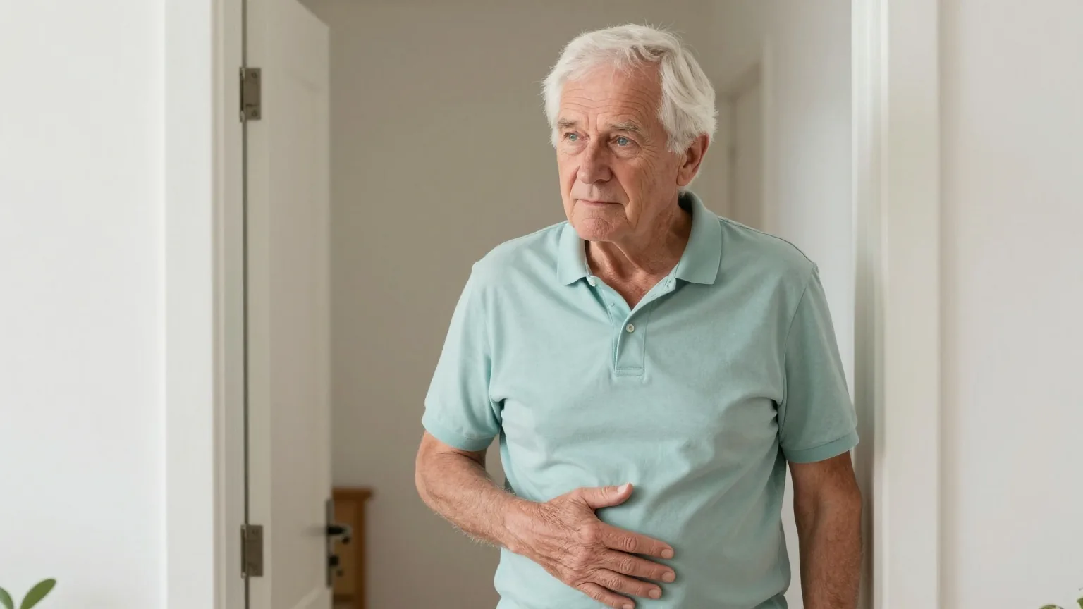 Mann um die siebzig mit weißem Haar steht nachts im Flur vor einer angelehnten Tür und hält sich nachdenklich eine Hand an den Unterbauch