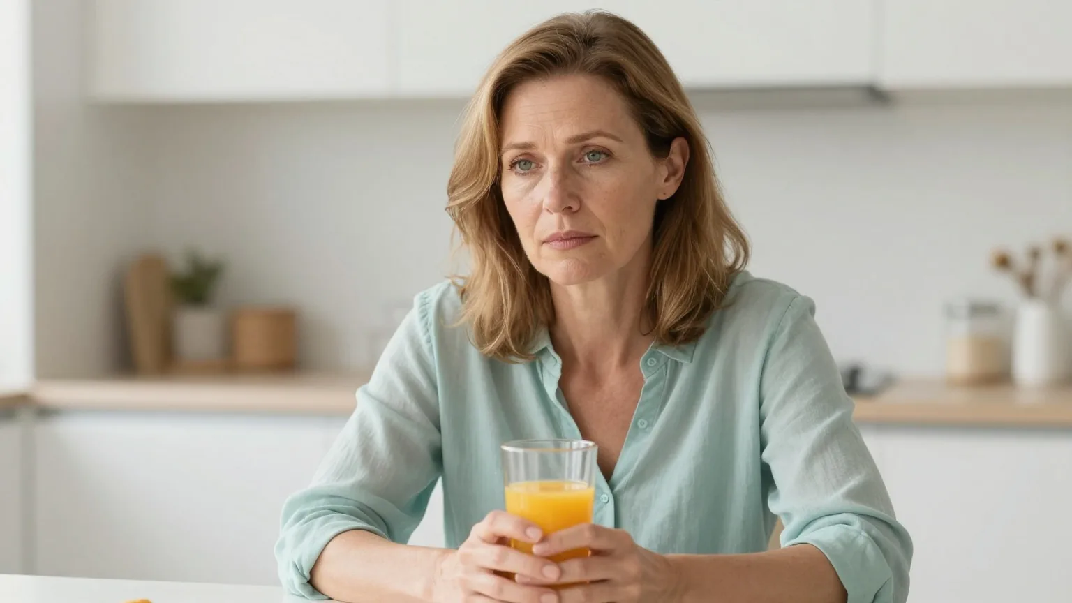 Frau in den Fünfzigern mit hellbraunem Haar sitzt am Küchentisch und hält ein Glas Orangensaft in der Hand