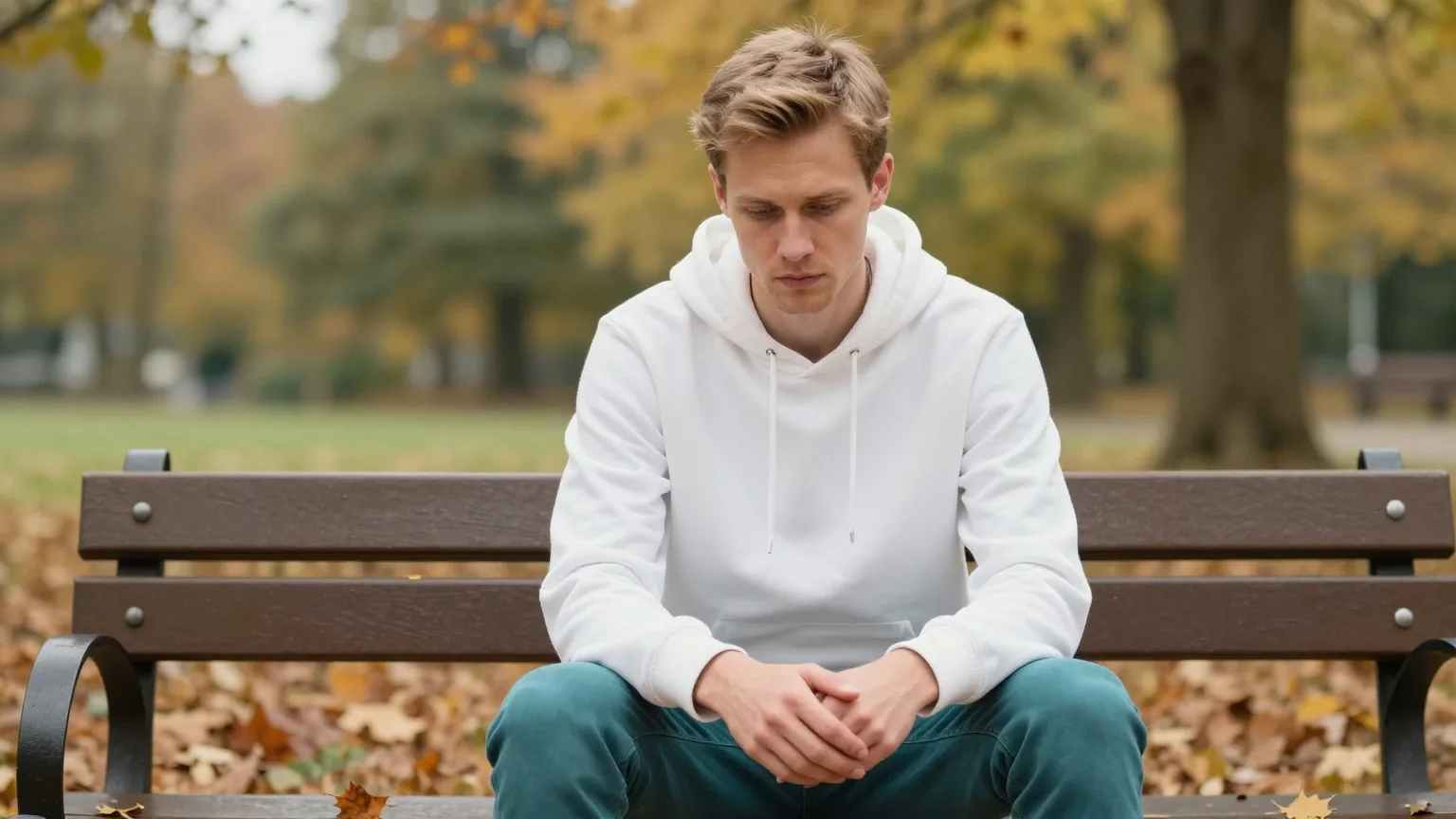 Mann um die dreißig mit dunkelblondem Haar sitzt an einem trüben Herbstnachmittag nachdenklich auf einer Parkbank und blickt zu Boden