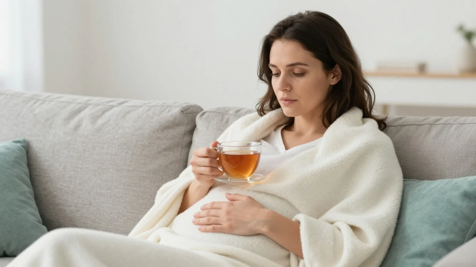 Frau mit dunkelbraunem Haar sitzt in eine Wolldecke gehüllt auf dem Sofa, hält eine Tasse Tee und legt eine Hand auf den Bauch