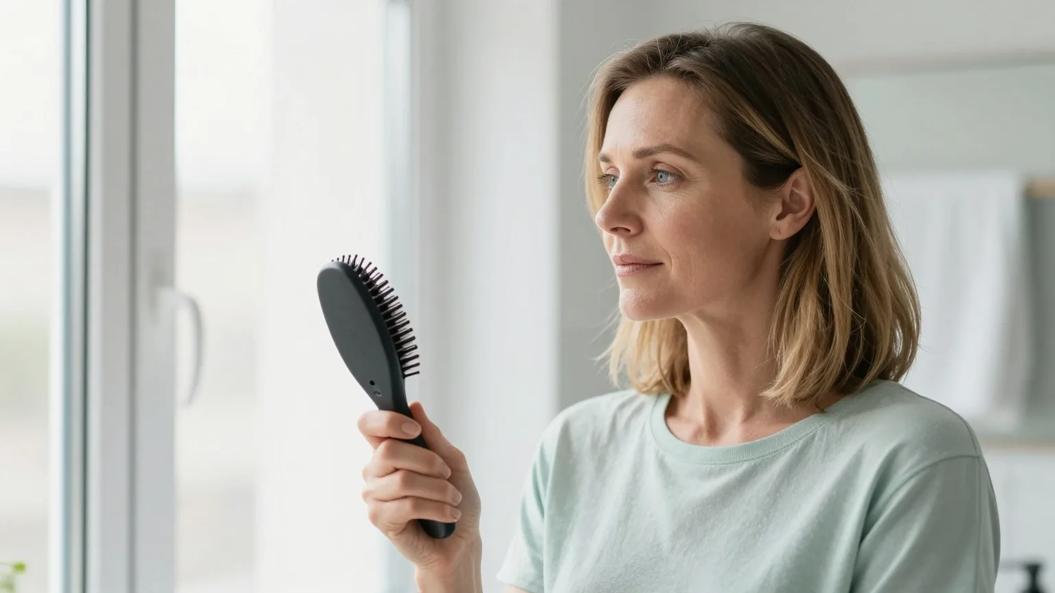 Frau in den Vierzigern mit dunkelblondem schulterlangem Haar betrachtet nachdenklich ihre Haarbürste am Fenster eines hellen Badezimmers
