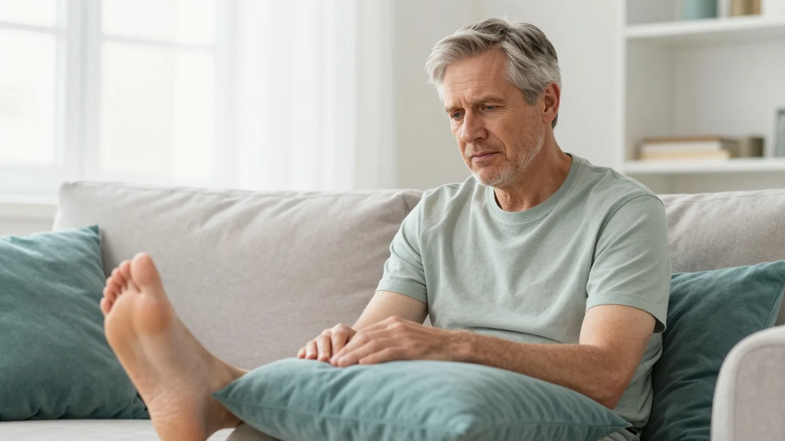 Mann um die sechzig mit grauem Haar sitzt auf dem Sofa und hat den Fuß auf ein Kissen hochgelegt