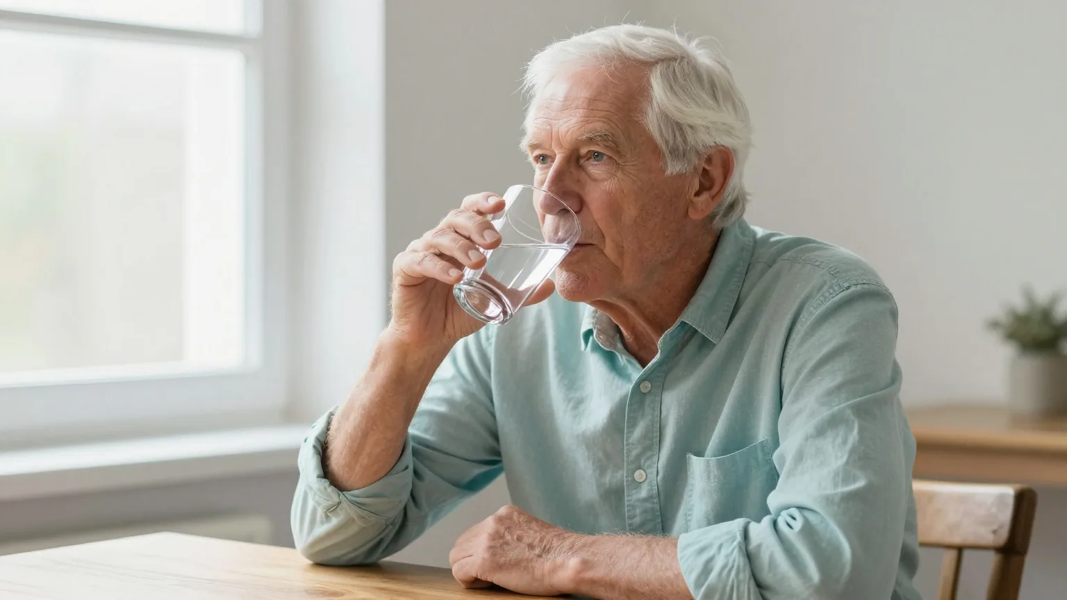 Älterer Mann mit weißem Haar sitzt am Esstisch und trinkt einen Schluck Wasser aus einem Glas