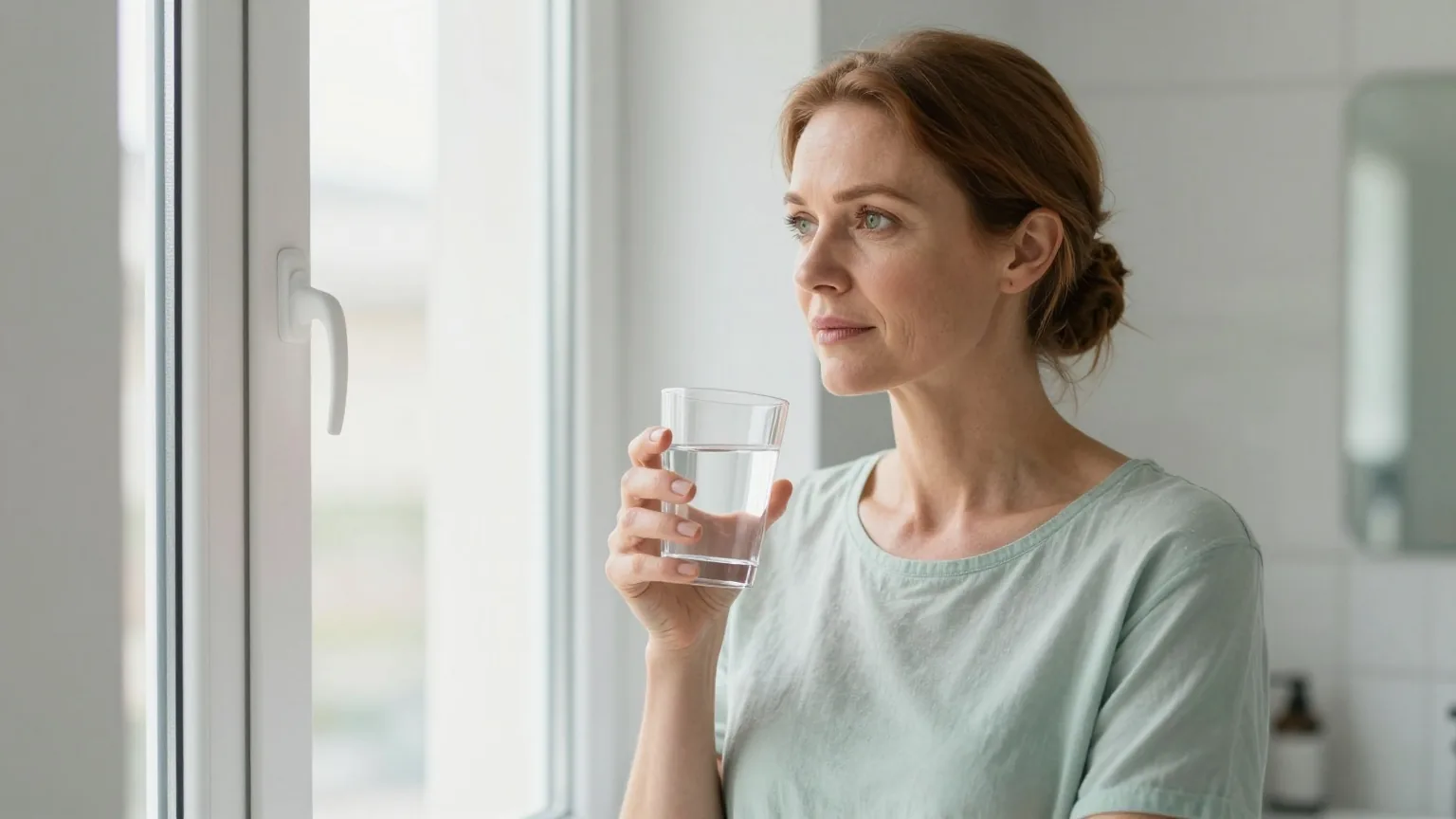 Frau Ende vierzig mit kastanienbraunem, hochgestecktem Haar steht nachdenklich mit einem Glas Wasser in einem hellen Badezimmer am Fenster