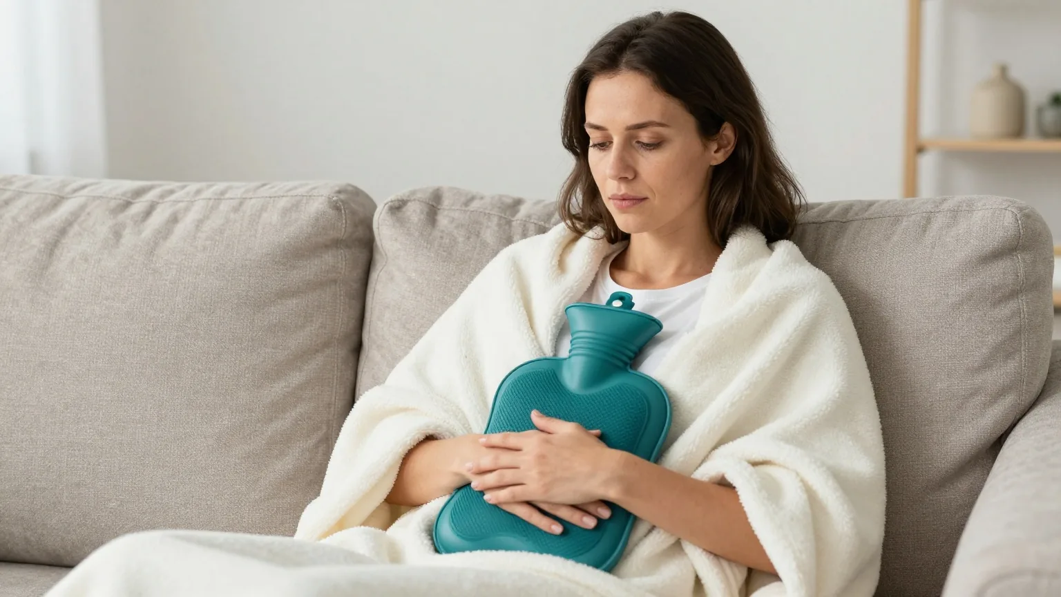 Frau mit dunkelbraunem Haar sitzt in eine Decke gehüllt auf dem Sofa und hält eine Wärmflasche an den Bauch