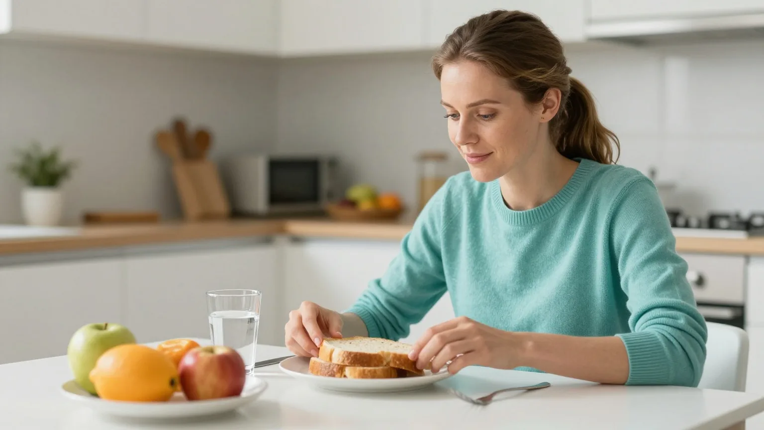 Frau mit hellbraunem Pferdeschwanz in türkisfarbenem Pullover deckt einen hellen Frühstückstisch mit Brot, Obst und einem Glas Wasser