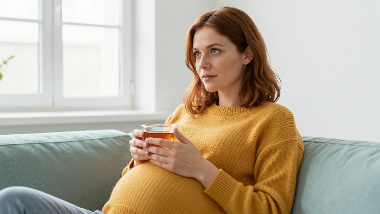Schwangere Frau Anfang dreißig mit schulterlangem rotbraunem Haar in senfgelbem Strickpullover sitzt mit einer Tasse Tee entspannt auf einem Sofa an einem hellen Fenster