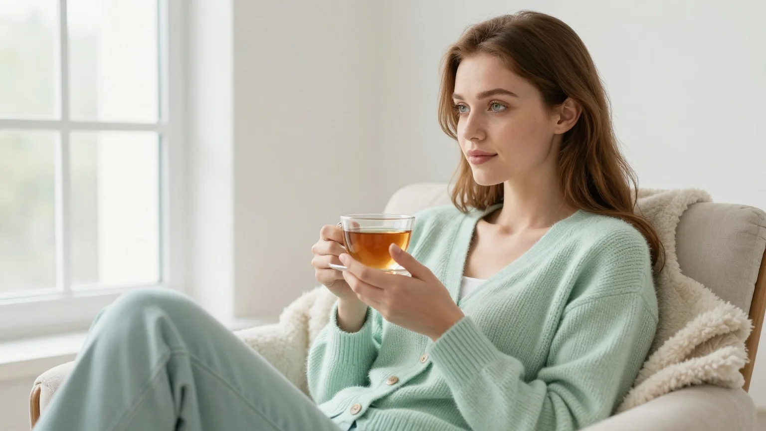 Junge Frau mit langem kastanienbraunem Haar in hellgrüner Strickjacke sitzt mit einer Tasse Tee in einem Sessel am Fenster, neben ihr eine weiche Wolldecke